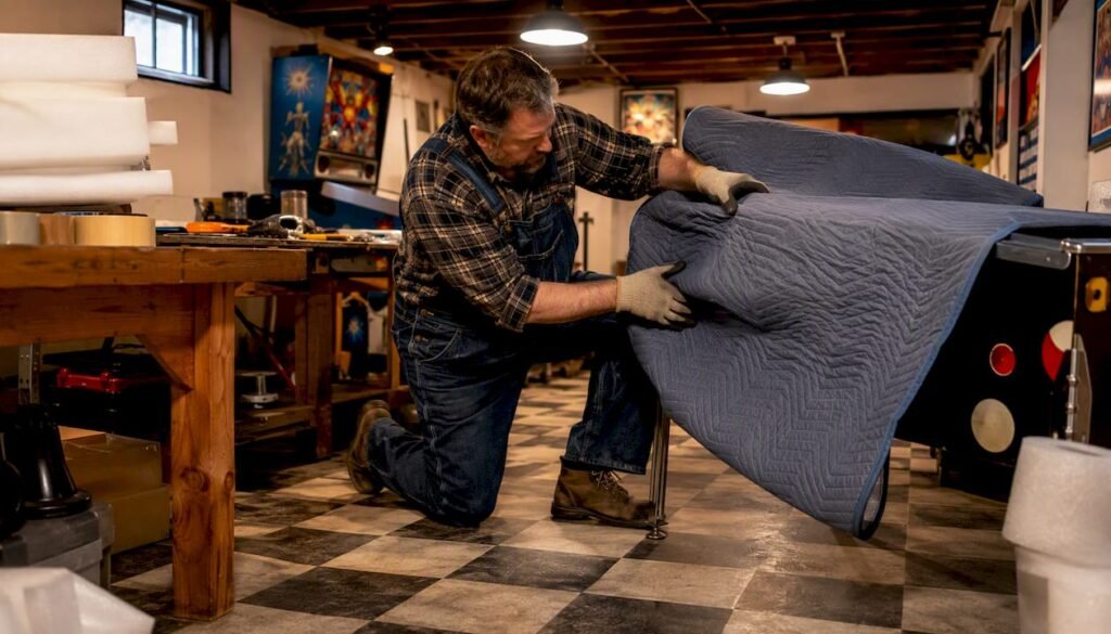 Man wrapping pinball machine for shipping