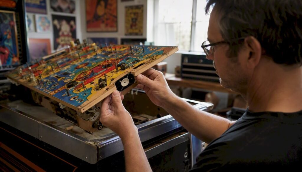 Hands inspecting pinball playfield serial number