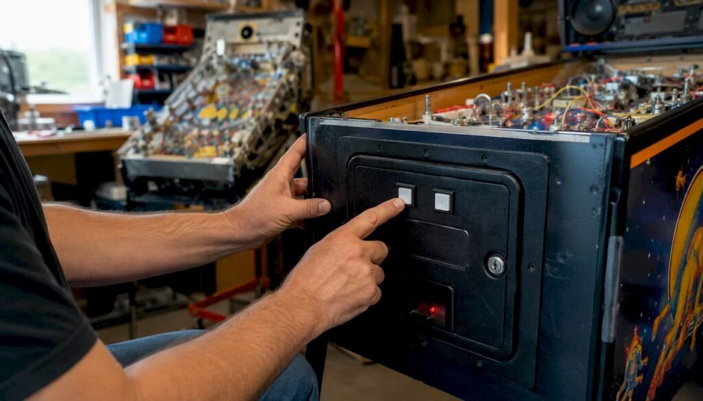 Hands pressing pinball coin door buttons