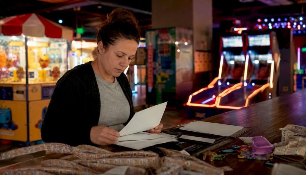 Arcade operator reviewing insurance documents near arcade cabinet